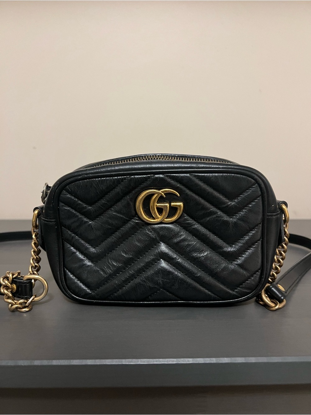 Gucci Black GG Marmont Mini Shoulder Bag Matelasse Leather